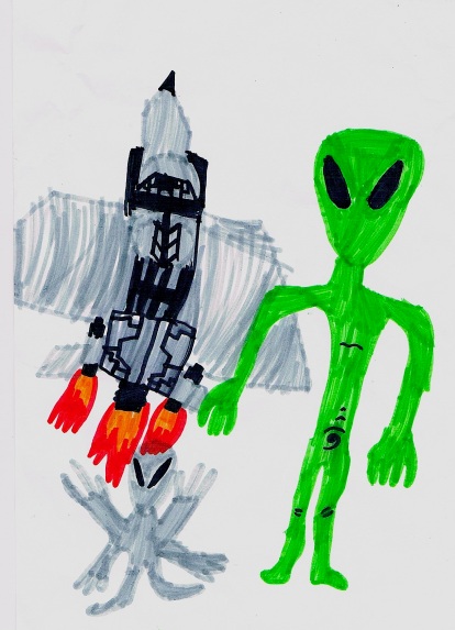 alien and rocket ship